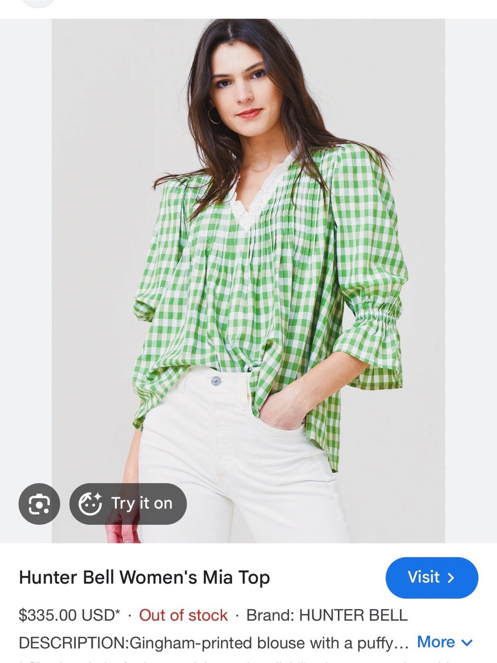 NWT Hunter Bell Mia Green and White Gingham Puff-Sleeve V-Neck Blouse - Picture 3 of 5
